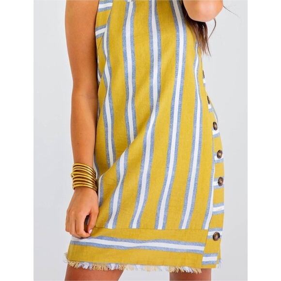 Karlie Womens Dress Sundress Yellow Blue Striped Straps Coastal Boho Beach Sz M - Picture 2 of 7